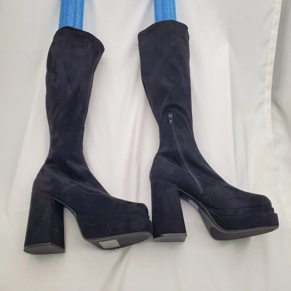 NWOT Black Faux Suede Stretch Chunky Platform Block Heel Boots | 9